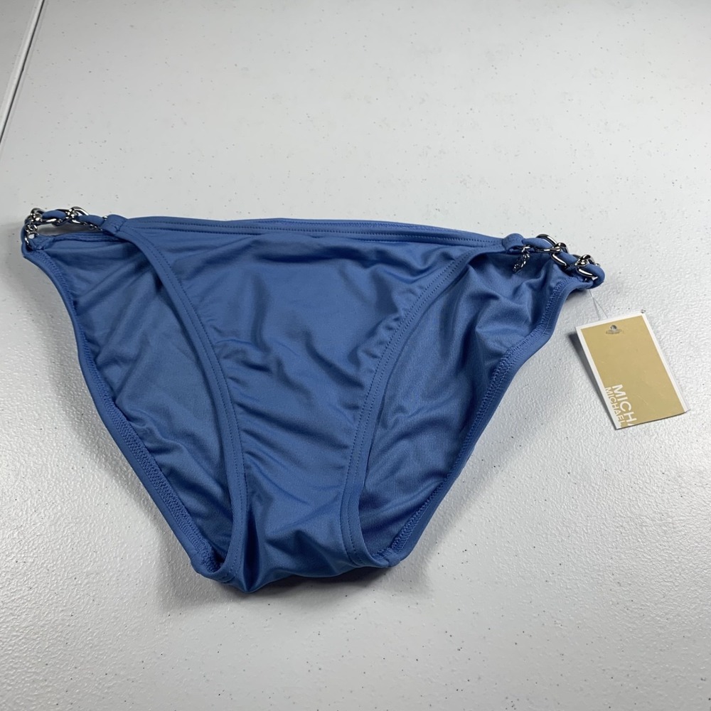 Michael Kors Women's String Bikini Swim Bottoms Size M Blue Solid Chain Link NWT